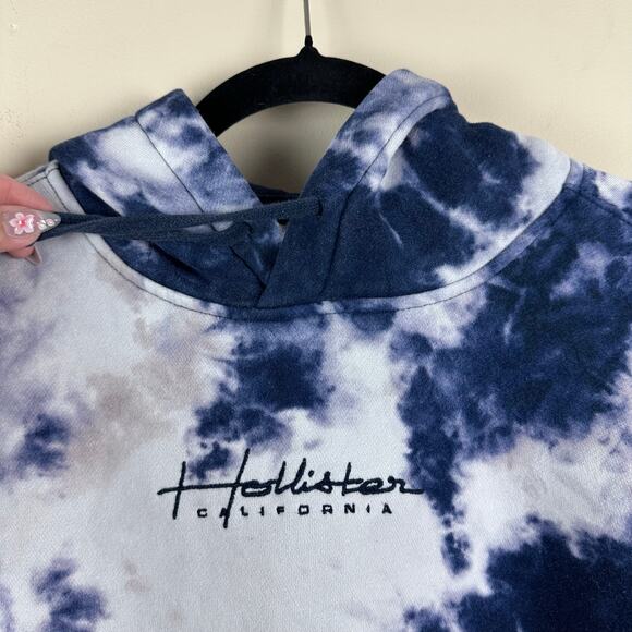 Hollister Tie Dye Pullover Hoodie Blue White Spellout Logo Womens S Athleisure - Picture 2 of 6